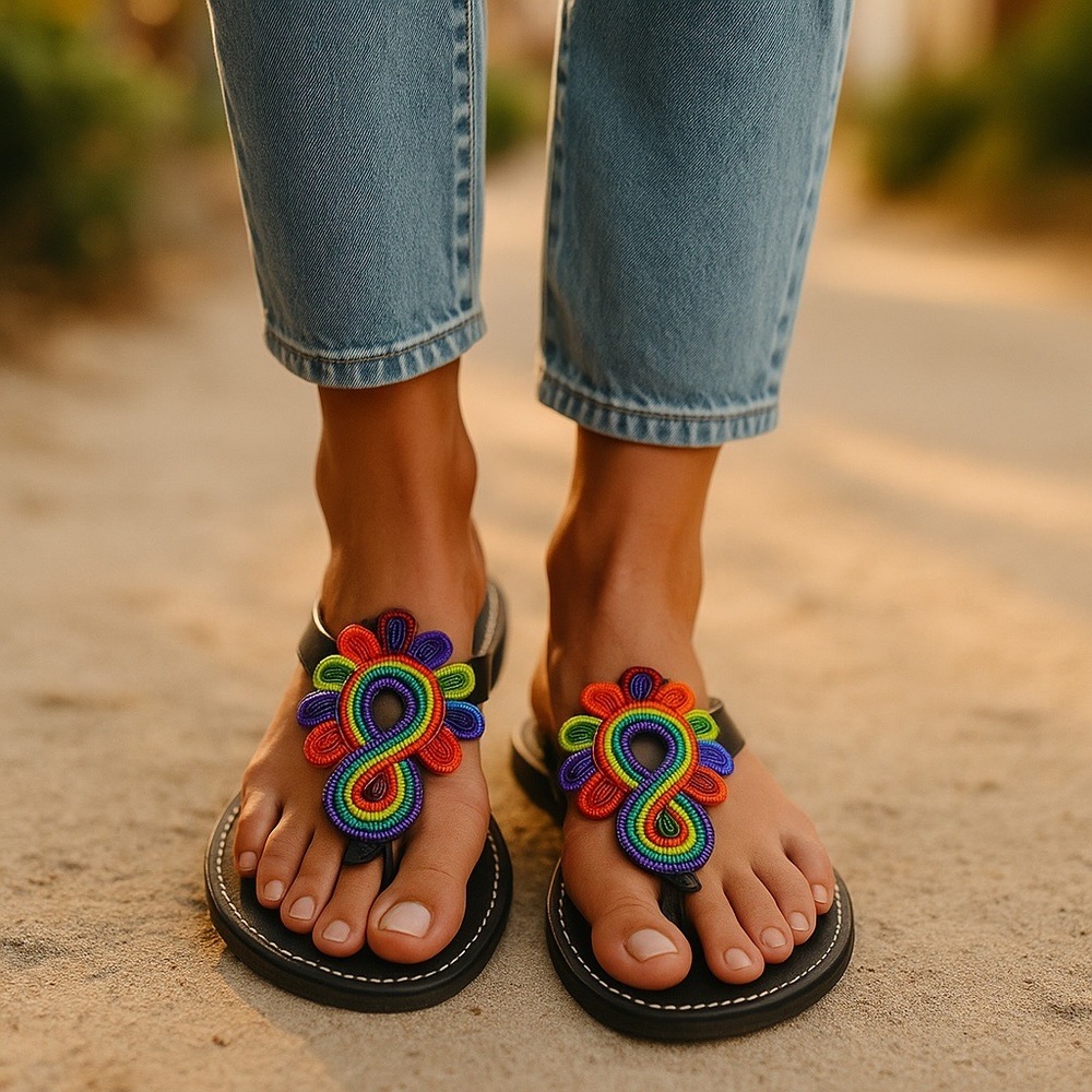 Womens Multicolor Beaded Leather Handmade Thong Sandals Size 8.5 EU 39